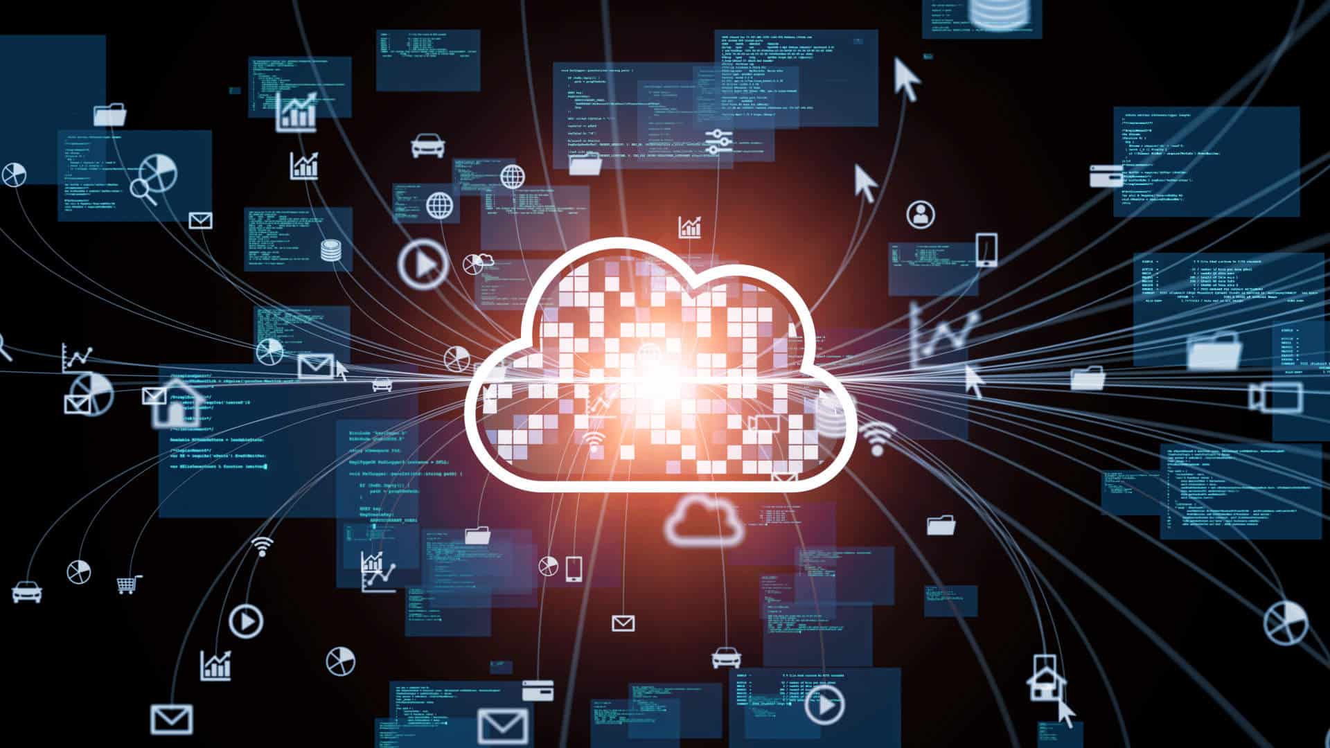 sistemas cloud. imagen de una persona soteniendo un teléfono móvil y consultando gráficos en el ordenador. Aparecen también diversos iconos superpuestos en la imagen